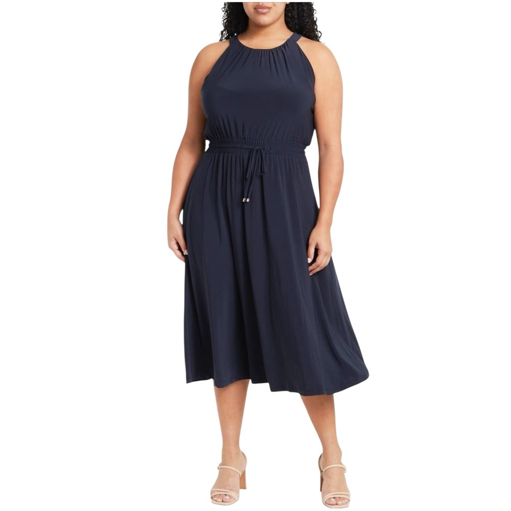 Tommy Hilfiger Halter Midi Dress Drawstring Waist Stretch Navy Blue 12